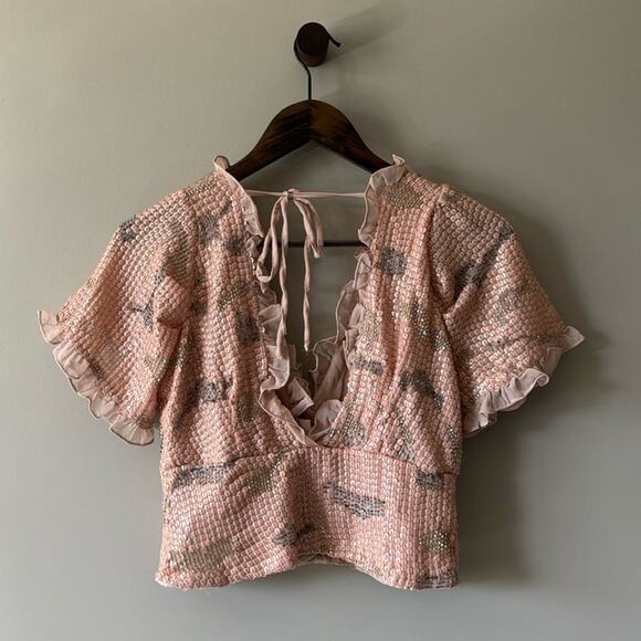 ANTHROPOLOGIE X FOREVER THAT GIRL SEQUINED V NECK SHORT SLEEVE BLOUSE XS - Picture 2 of 6